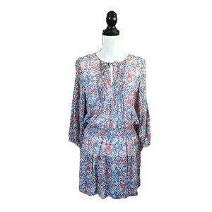 Joie Sheer Floral Mini Dress 100% Silk Pleated Long Sleeve Boho Cottagecore M